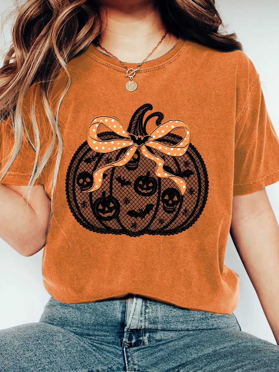 Pumpkin Bow Art Shirt Cute Spooky Halloween T-Shirt Trendy Thanksgiving Gift For Women - Merchluma