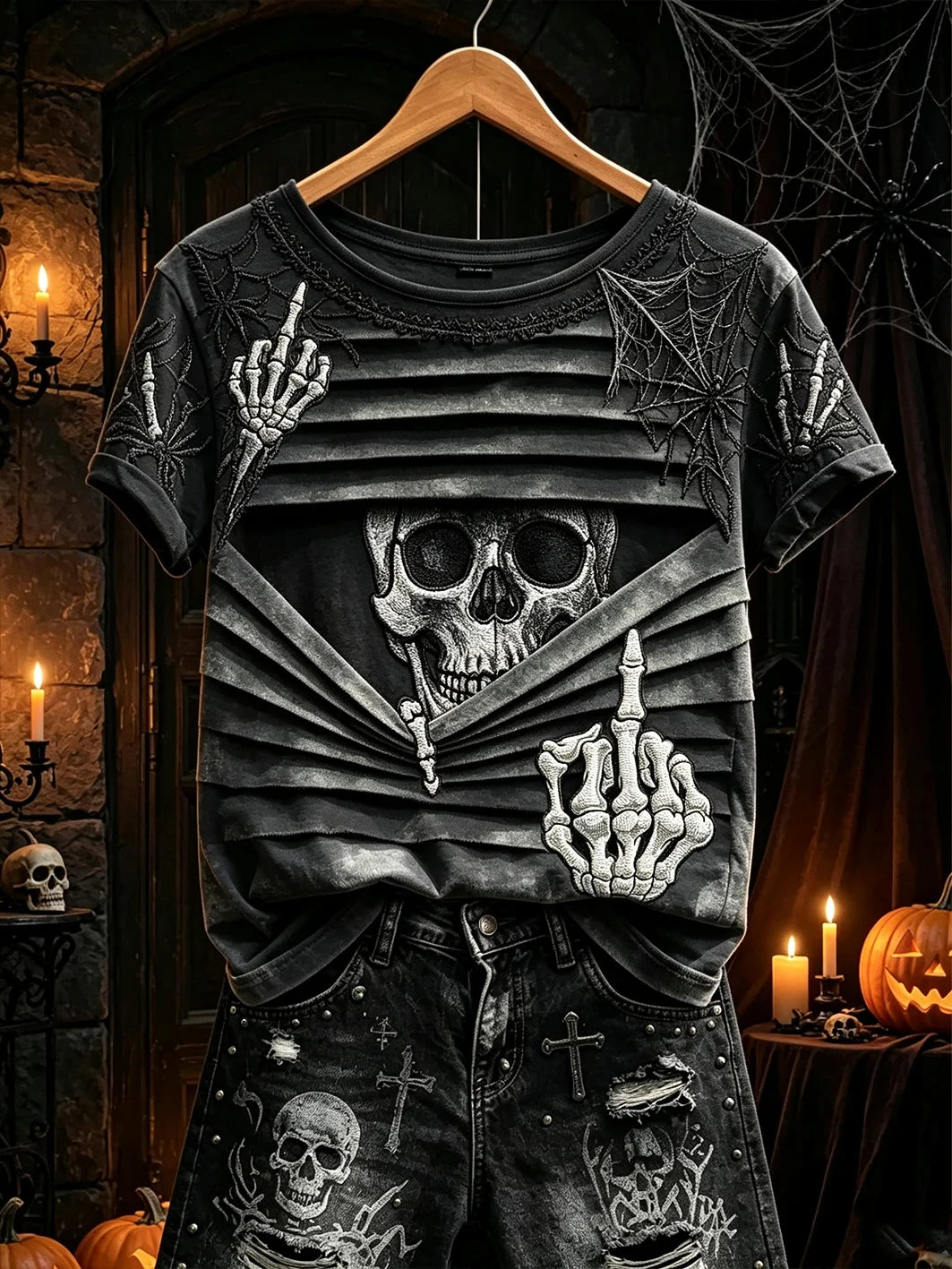 Gothic Skull Middle Finger T-Shirt Halloween Inspired Clothing Halloween Present Ideas - Merchluma