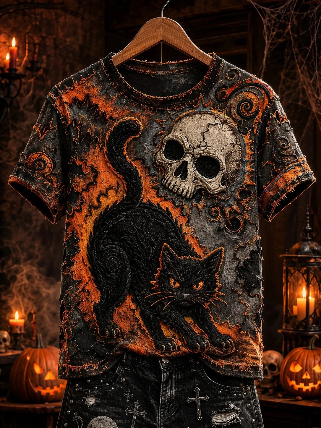 Halloween Black Cat Shirt Spooky Skull T-Shirt Halloween Gift For Cat Lovers - Merchluma