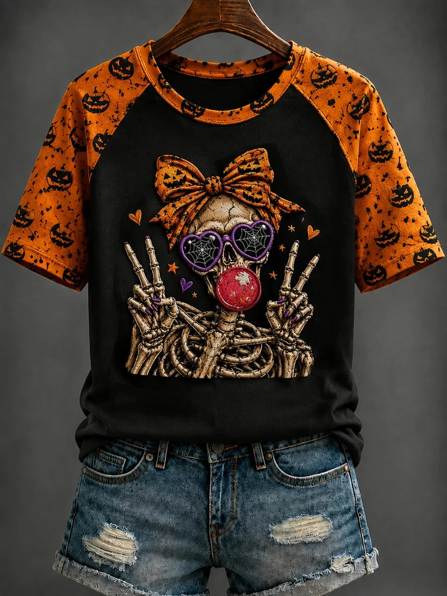 Skeleton Girl Peace Sign Halloween Shirt Spooky Skeleton Bubble Gum T-Shirt Halloween Gifts - Merchluma