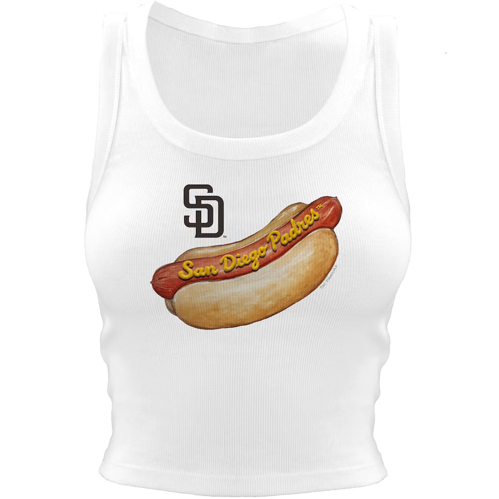 San Diego Padres Merch 2026 SD Padres Tiny Turnip Women's Hot Dog Crop Tank Top White - Merchluma