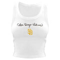 San Diego Padres Merch 2026 SD Padres Tiny Turnip Women's Script Logo Crop Tank Top White - Merchluma