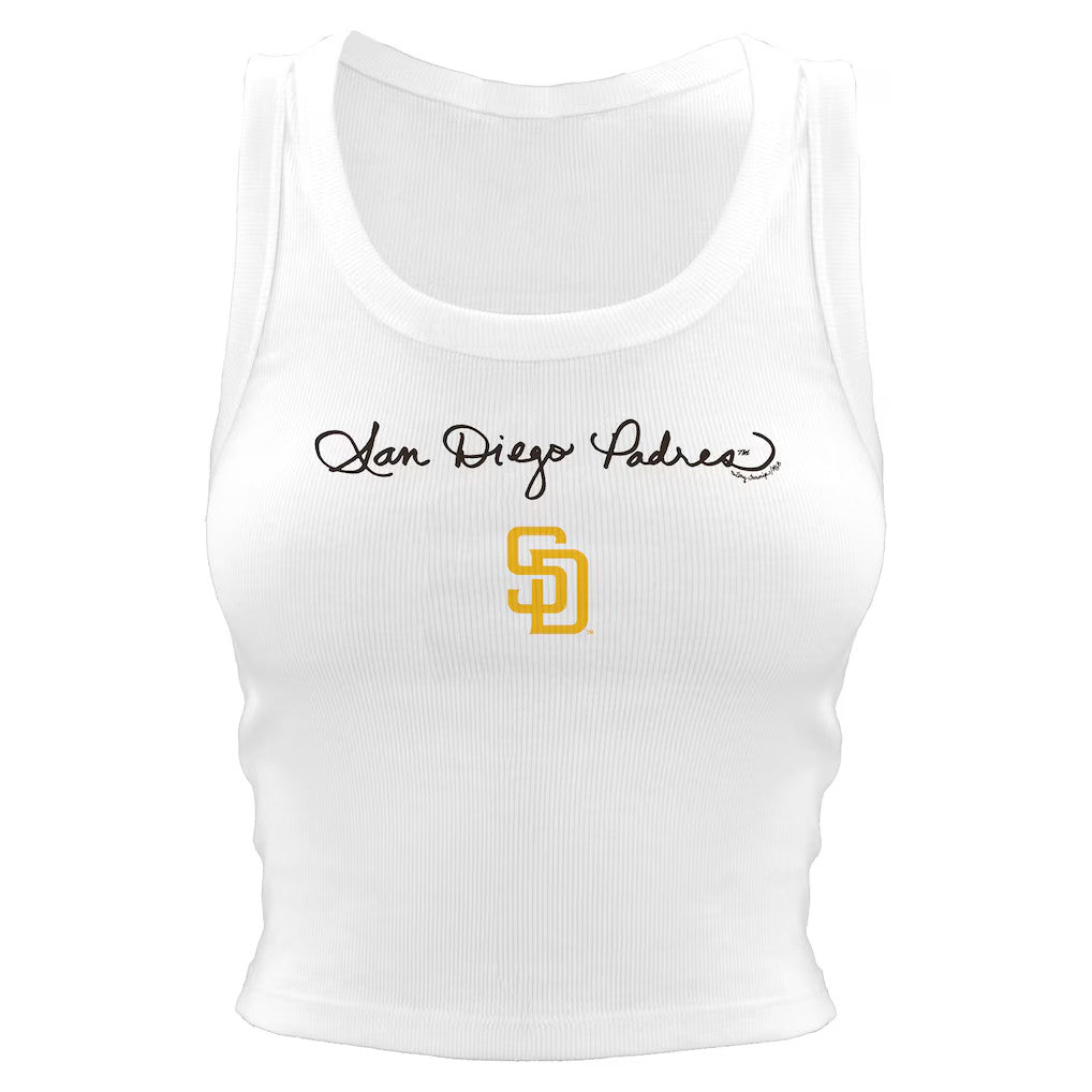 San Diego Padres Merch 2026 SD Padres Tiny Turnip Women's Script Logo Crop Tank Top White - Merchluma