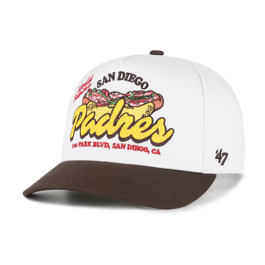 San Diego Padres Merch 2026 SD Padres 47 Glizzy Collection Hitch Adjustable Hat White Brown - Merchluma
