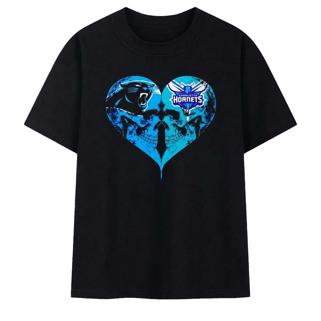 Charlotte Hornets X Carolina Panthers Skulls Face To Face Heart Shape Distressed Shirt Fan Gear - Merchluma