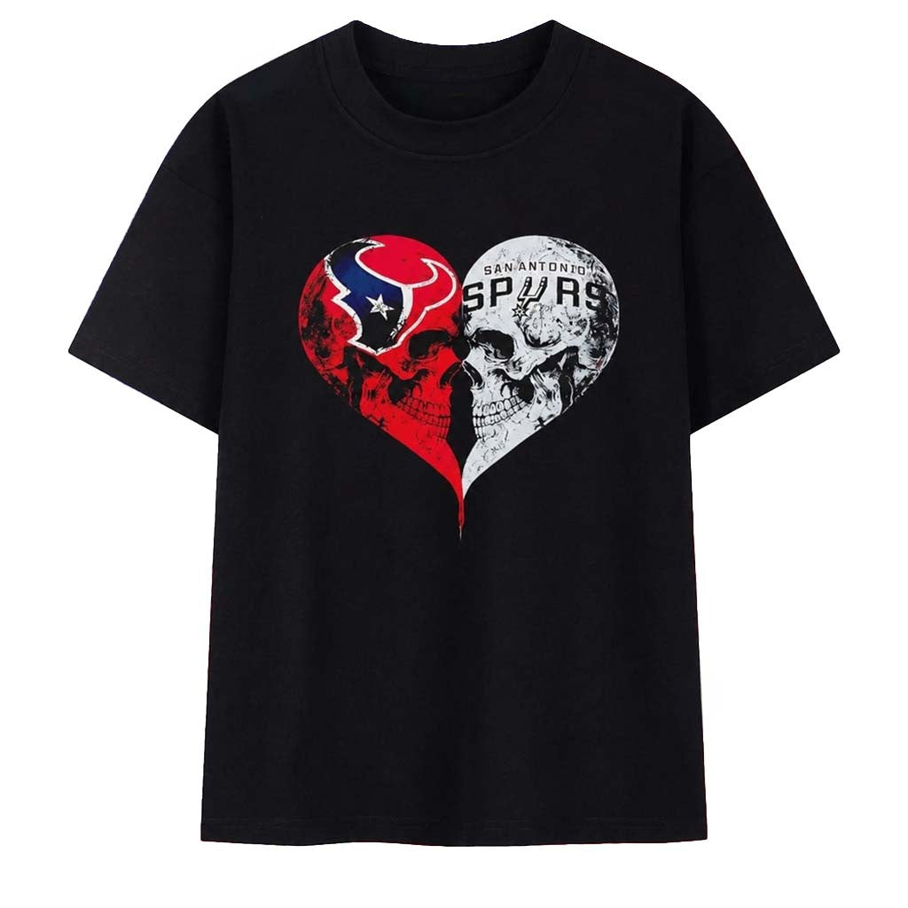 Houston Texans X San Antonio Spurs Skulls Face To Face Heart Shape Distressed T-Shirt Fan Merch - Merchluma