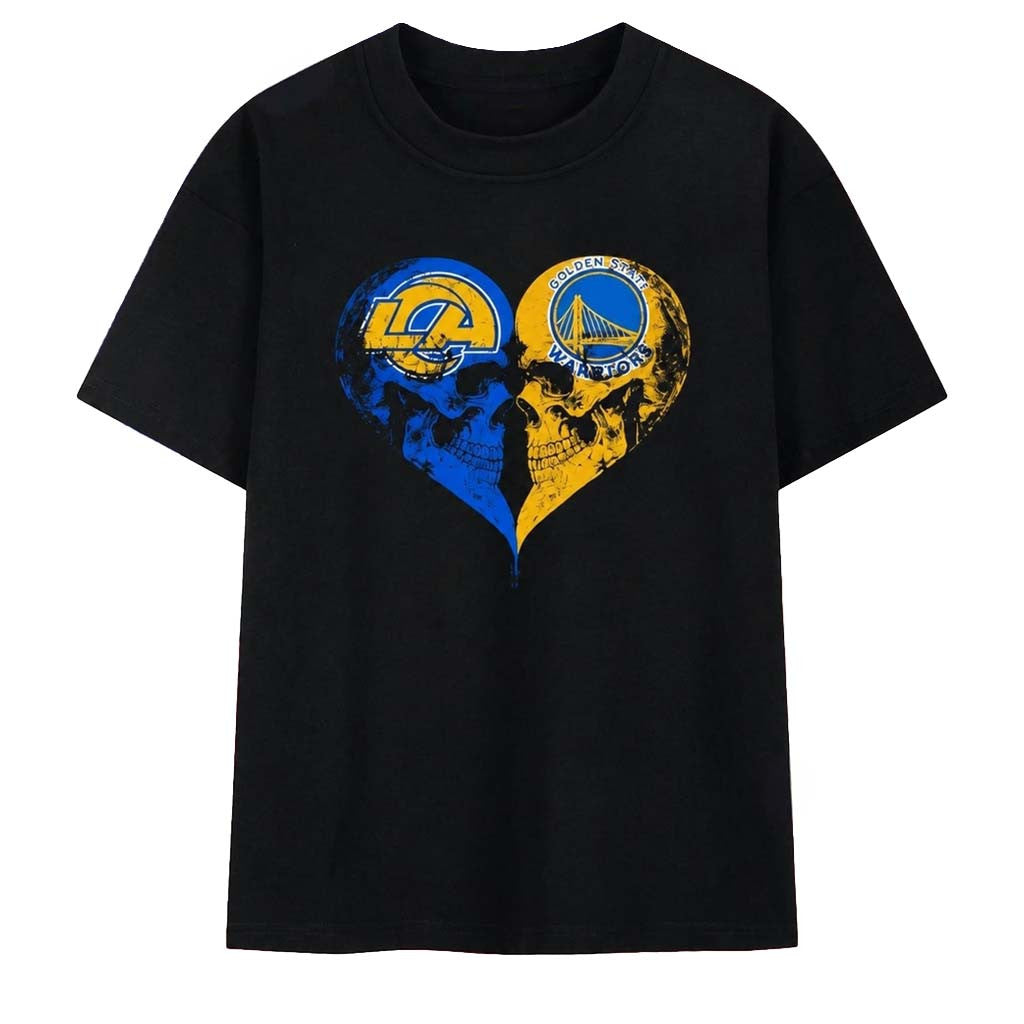 Los Angeles Rams X Golden State Warriors Skulls Face To Face Heart Shape T-Shirt Fan Merch - Merchluma
