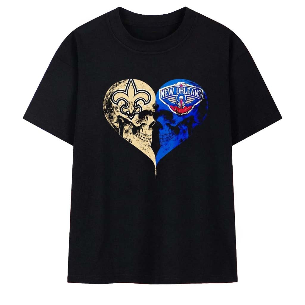 New Orleans Saints X New Orleans Pelicans Skulls Face To Face Heart Shape T-Shirt Fan Merch - Merchluma