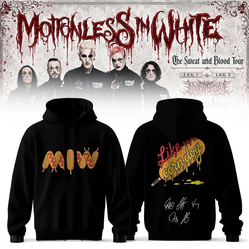 Motionless In White Merch The Sweat And Blood Tour 2026 Signature Hoodie Like A Corn Dog Hoodie - Merchluma