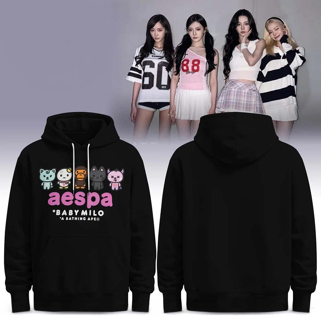 BAPE X AESPA Baby Milo Hoodie Black 2026 A Bathing APE Hoodie AESPA Merch Gift For Kpop Fans - Merchluma