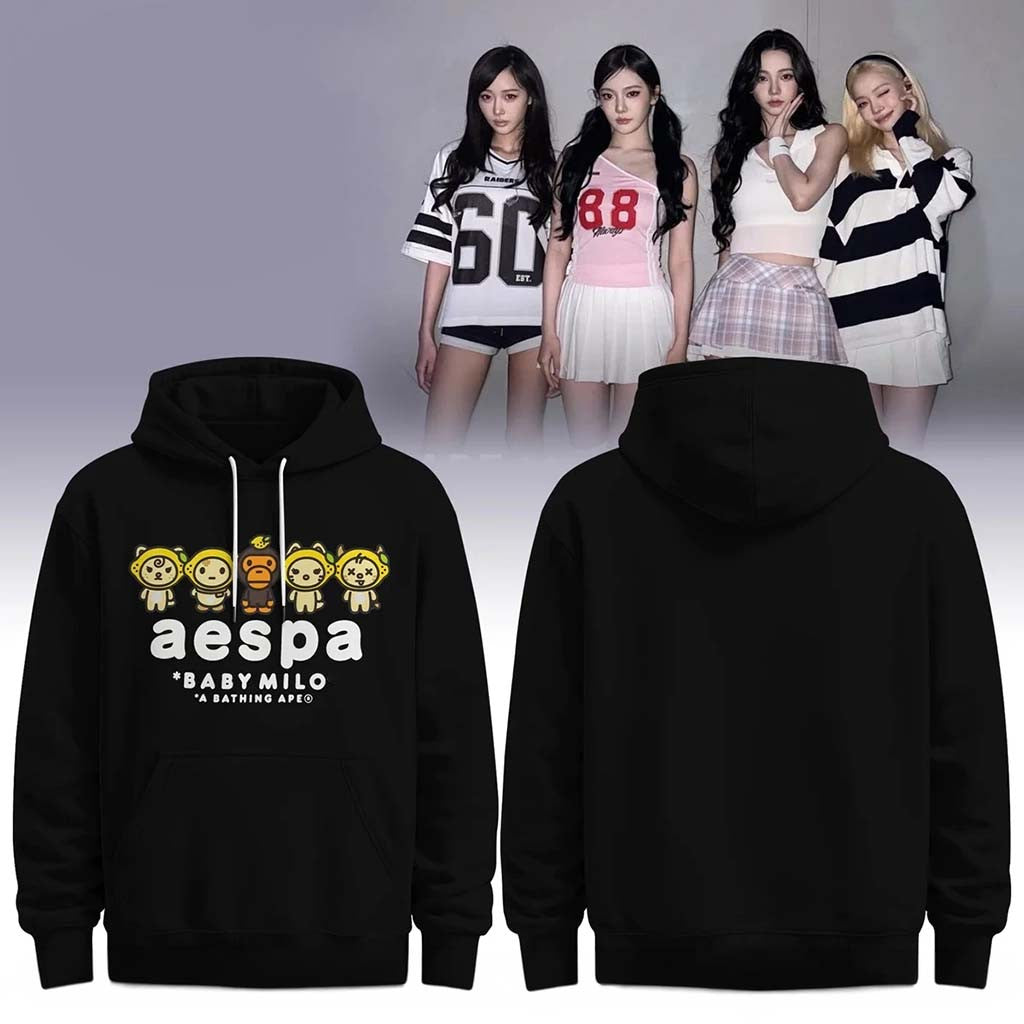 Bape X Aespa Baby Milo Lemonade Black Hoodie Aespa Merch 2026 KPop Gear Gift For Fans - Merchluma