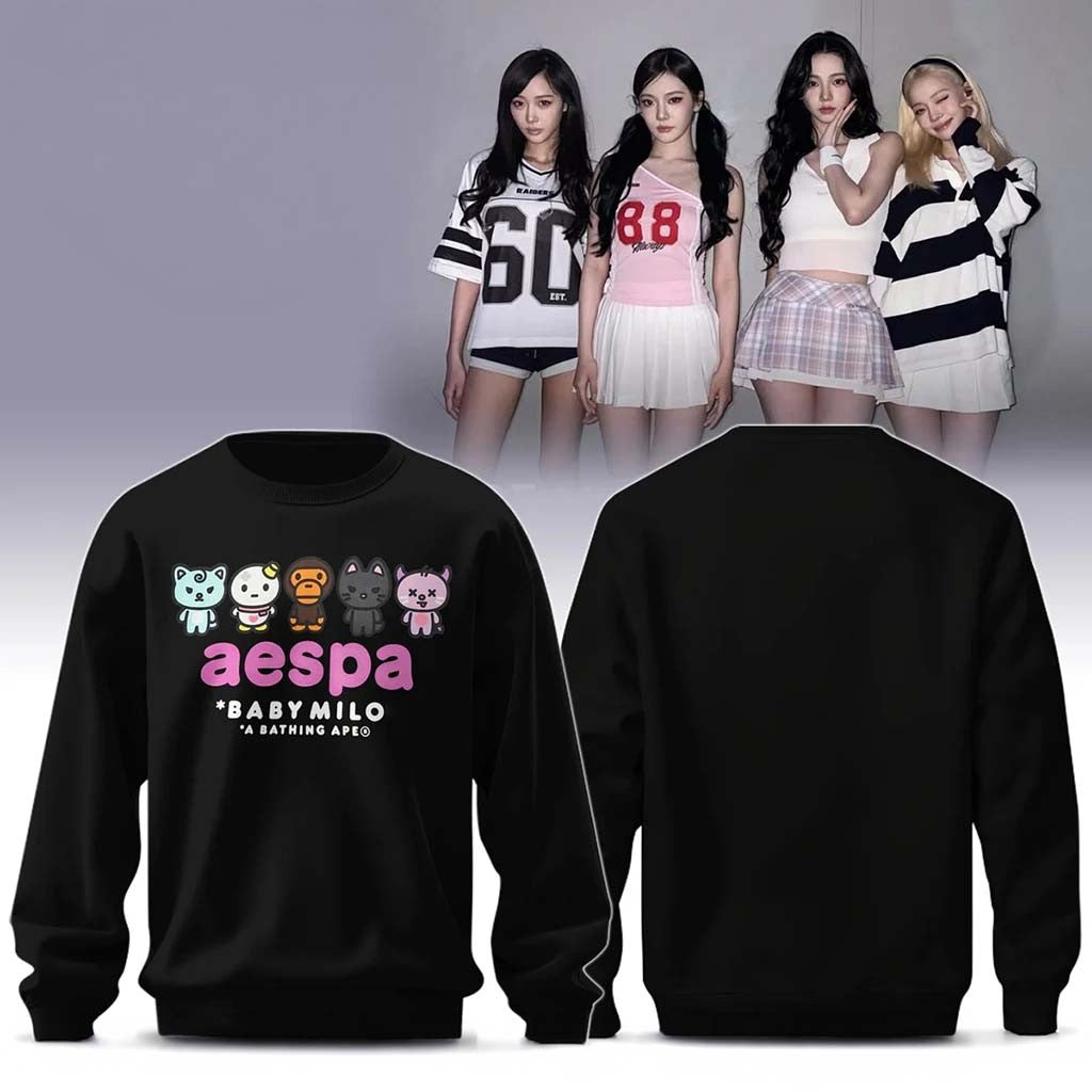 BAPE X AESPA Baby Milo Sweatshirt Black 2026 A Bathing APE AESPA Merch Present For Kpop Fans - Merchluma