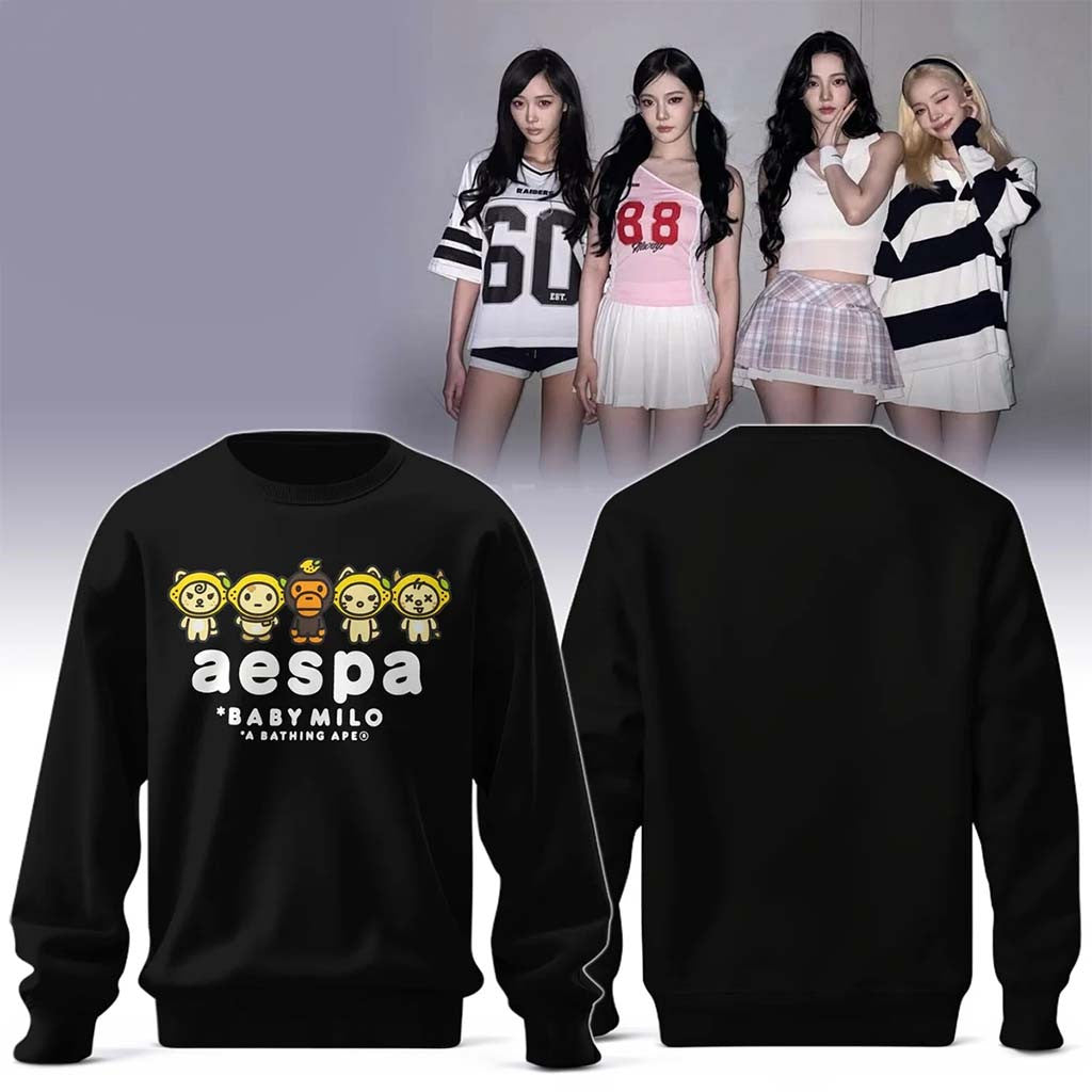 Bape X Aespa Merch 2026 Aespa Baby Milo Lemonade Black Sweatshirt 2026 KPop Gear Gift For Fans - Merchluma
