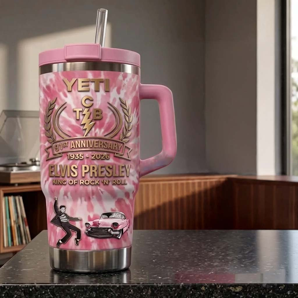 Elvis Presley 91st Anniversary Pink Stanley Tumbler King Of Rock N Roll Cup Elvis Presley Merch - Merchluma