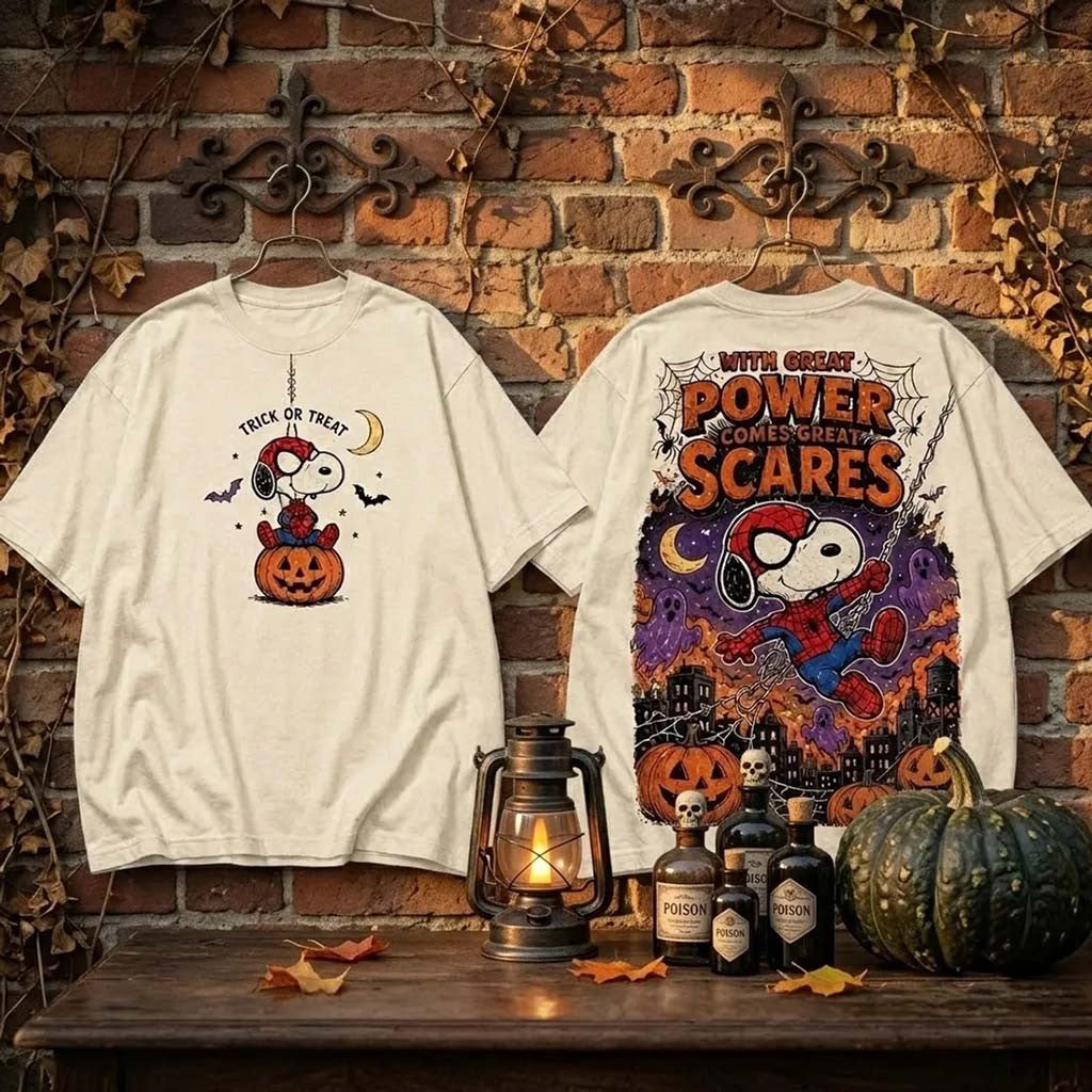 Snoopy X Spider-Man Halloween T-Shirt With Great Power Comes Great Scares Tee Halloween Gifts - Merchluma