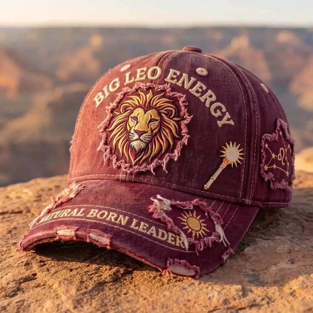 Big Leo Energy Distressed Hat Natural Born Leader Baseball Cap Zodiac Merch Leo Birthday Gifts - Merchluma