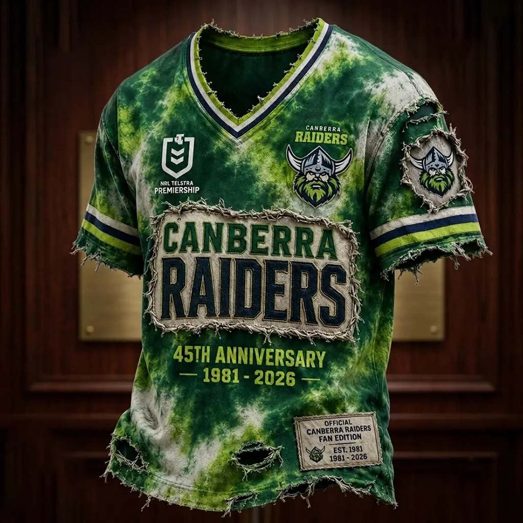 Canberra Raiders 1981 2026 Anniversary Distressed V-Neck Shirt Raiders Merch Rugby Fan Gifts - Merchluma