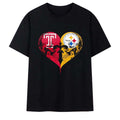 Temple Owls X Pittsburgh Steelers Skulls Face To Face Heart Shape Distressed T-Shirt Fan Merch - Merchluma