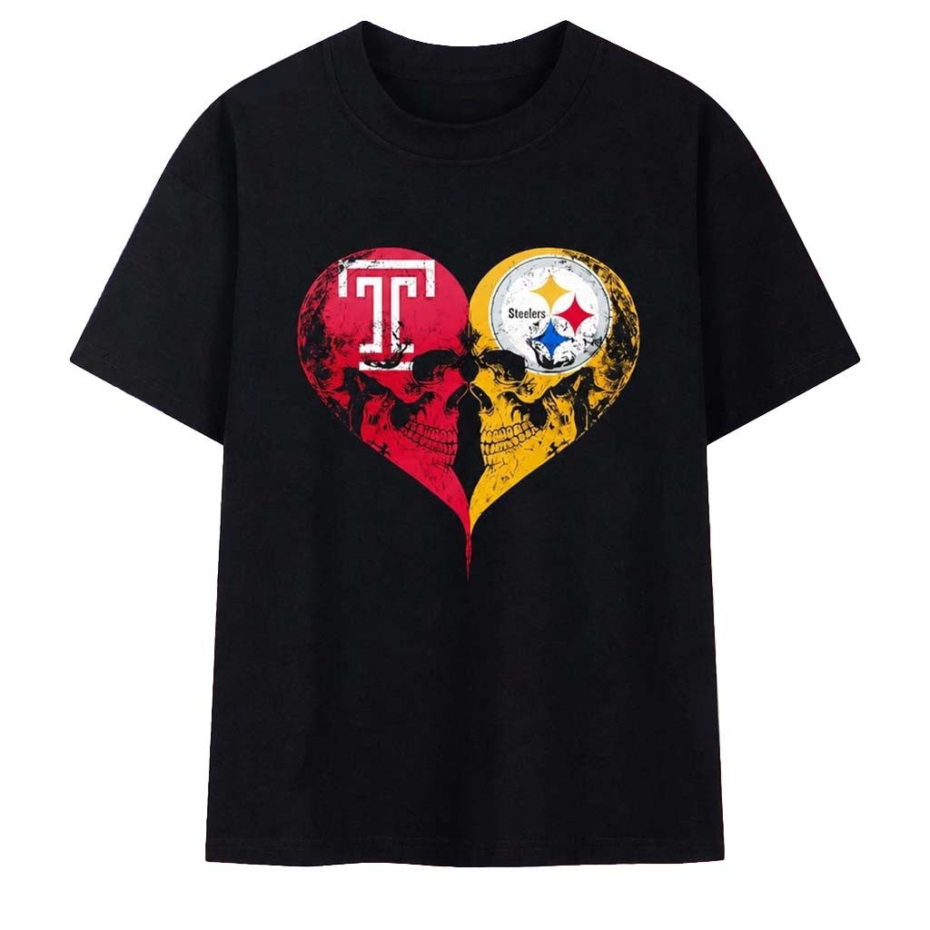 Temple Owls X Pittsburgh Steelers Skulls Face To Face Heart Shape Distressed T-Shirt Fan Merch - Merchluma
