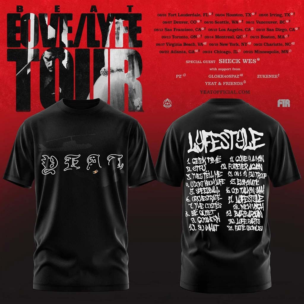 Yeat Lovelyfe Tour T-Shirt Black Lyfestyle Tracklist Shirt 2026 Yeat Merch Gift For Rap Fans - Merchluma