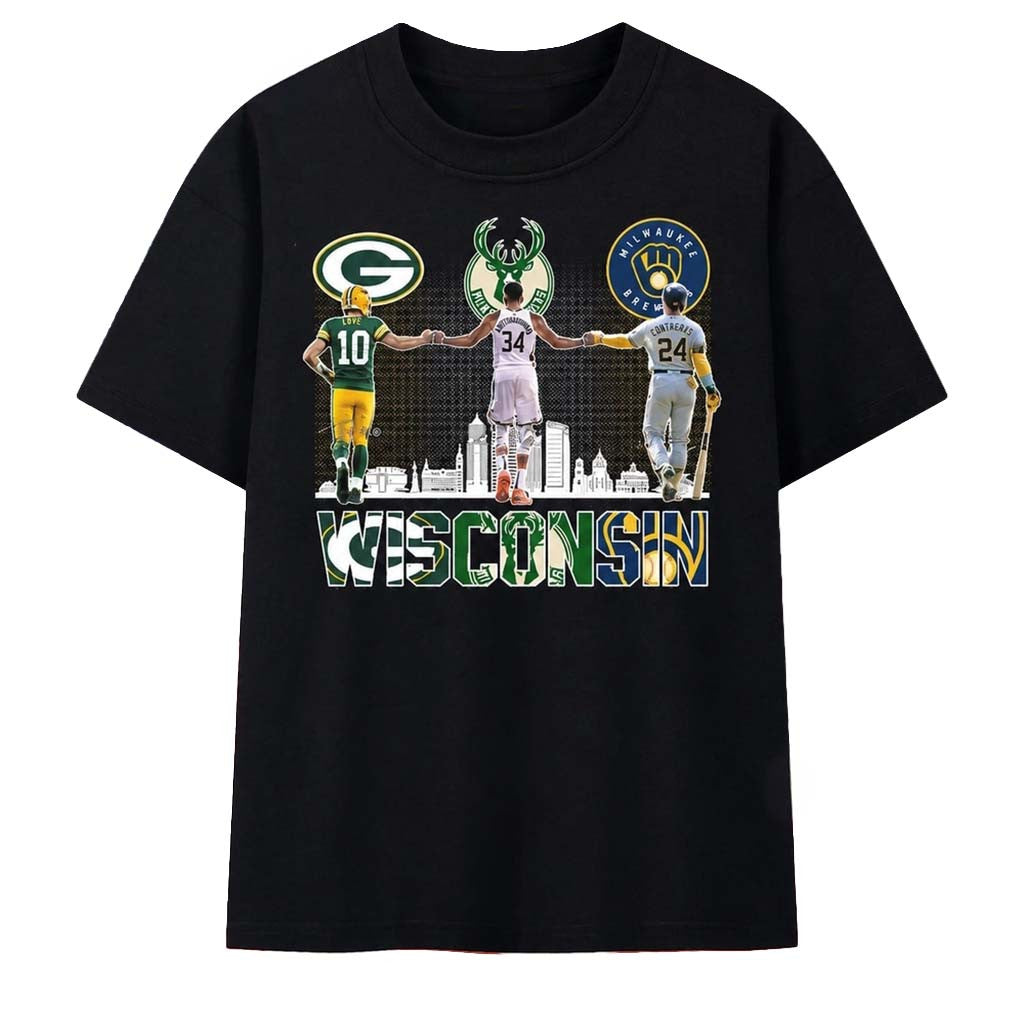 Wisconsin Sports Trio Love Giannis Contreras Packers Bucks Brewers Shirt Wisconsin Pride Merch - Merchluma
