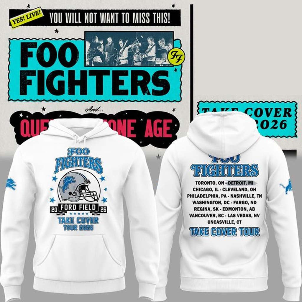 Foo Fighters X Detroit Lions Merch Take Cover Tour 2026 Hoodie White Present For Band Fans - Merchluma