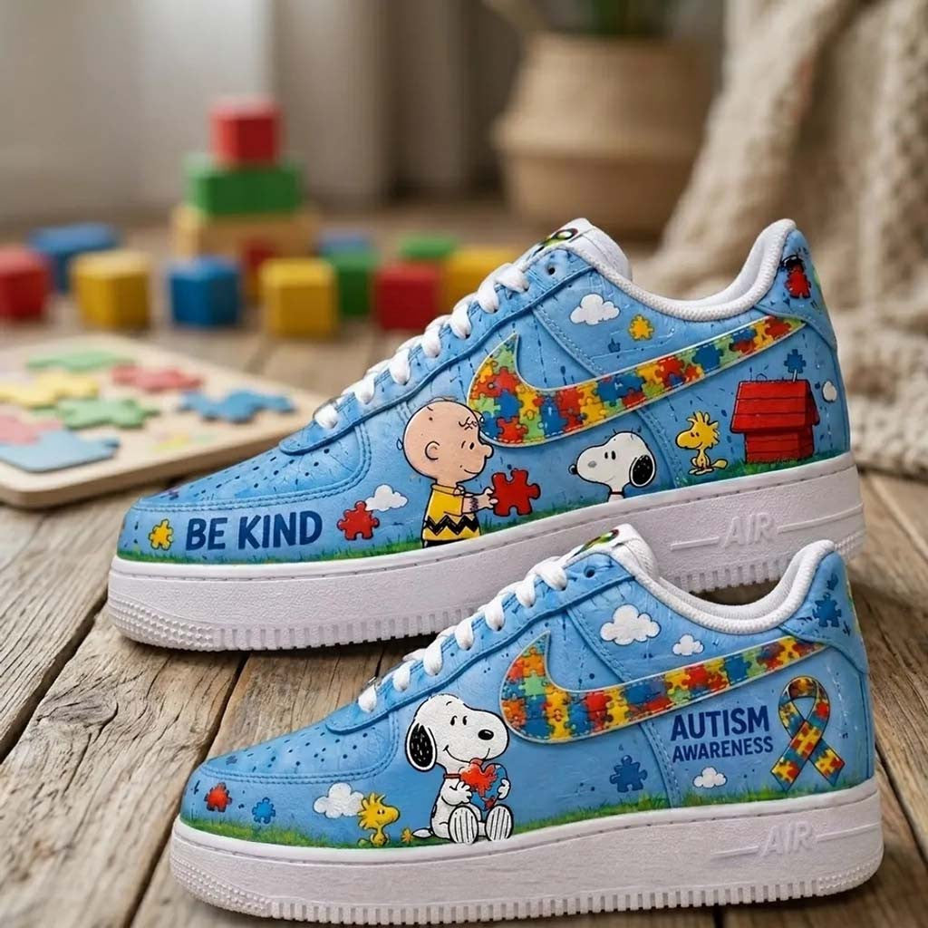 Snoopy X Autism Awareness Blue Sneakers Be Kind Shoes Present For Autistic Person - Merchluma