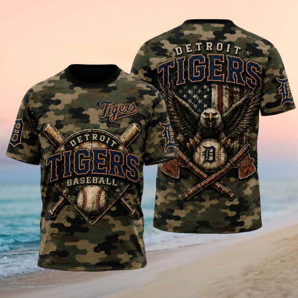 Detroit Tigers Bald Eagle American Flag Camo T-Shirt Detroit Tigers Merch Patriotic Gift Ideas - Merchluma
