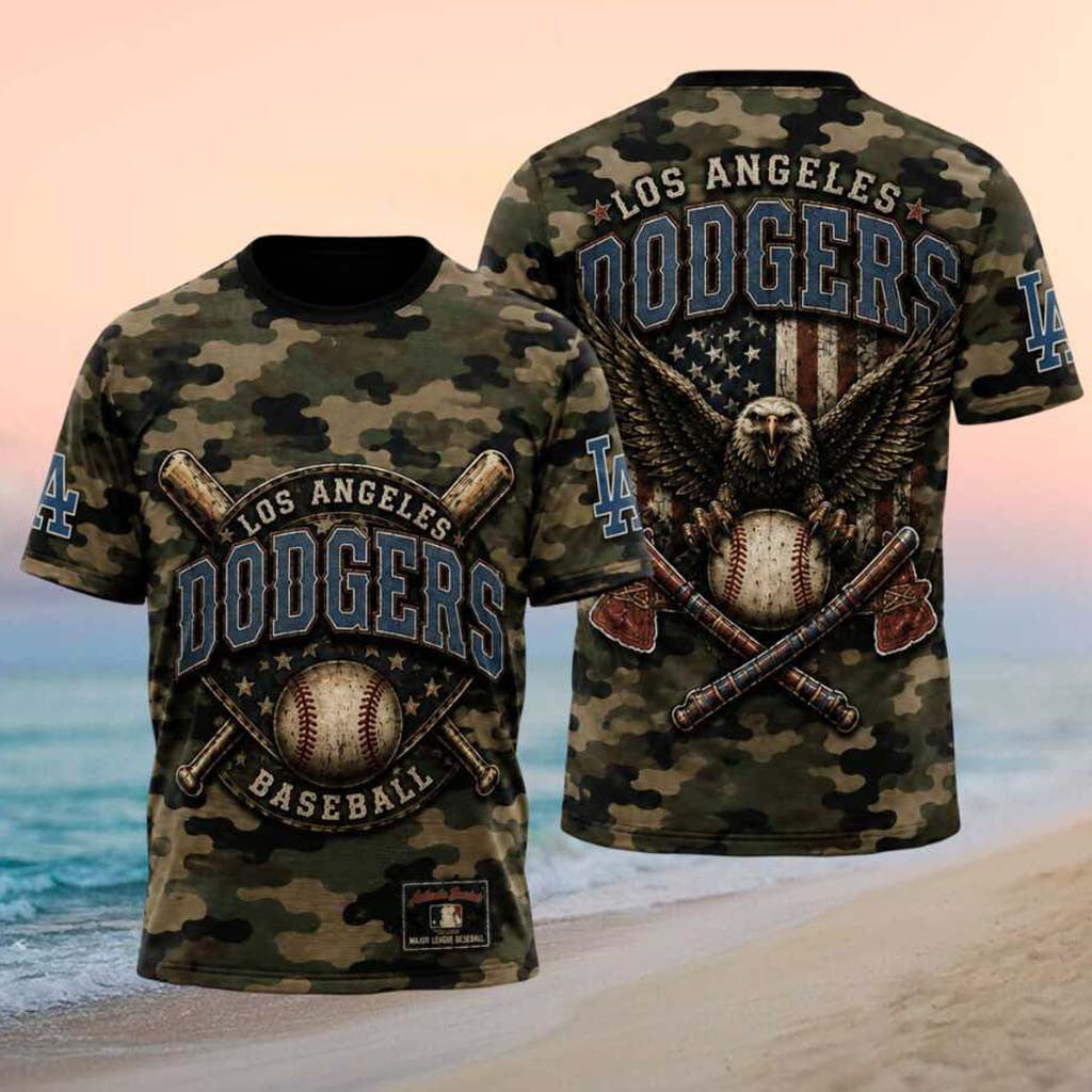 Los Angeles Dodgers Eagle American Flag Camo Baseball T-Shirt LA Dodgers Merch Game Day Gifts - Merchluma