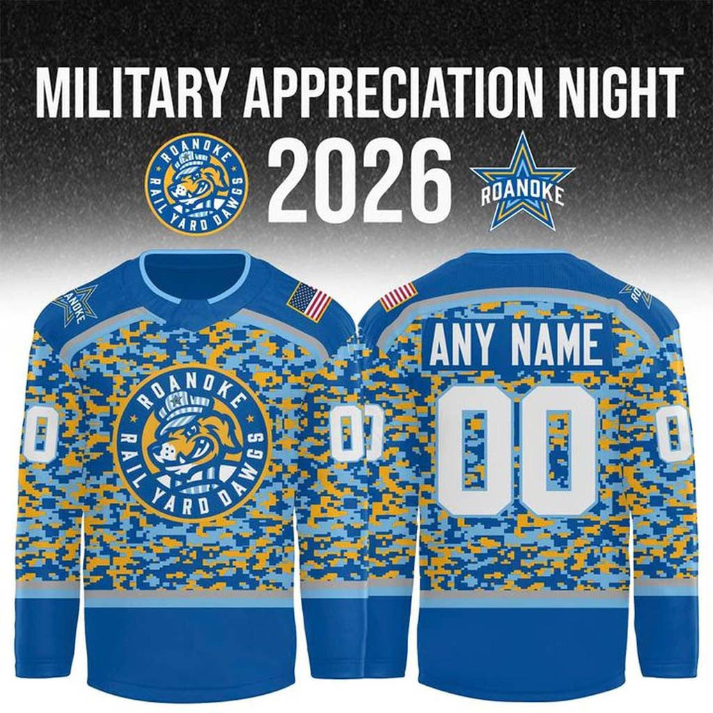 Personalized Roanoke Rail Yard Dawgs 2026 Military Appreciation Night Jersey Hockey Fan Gifts - Merchluma