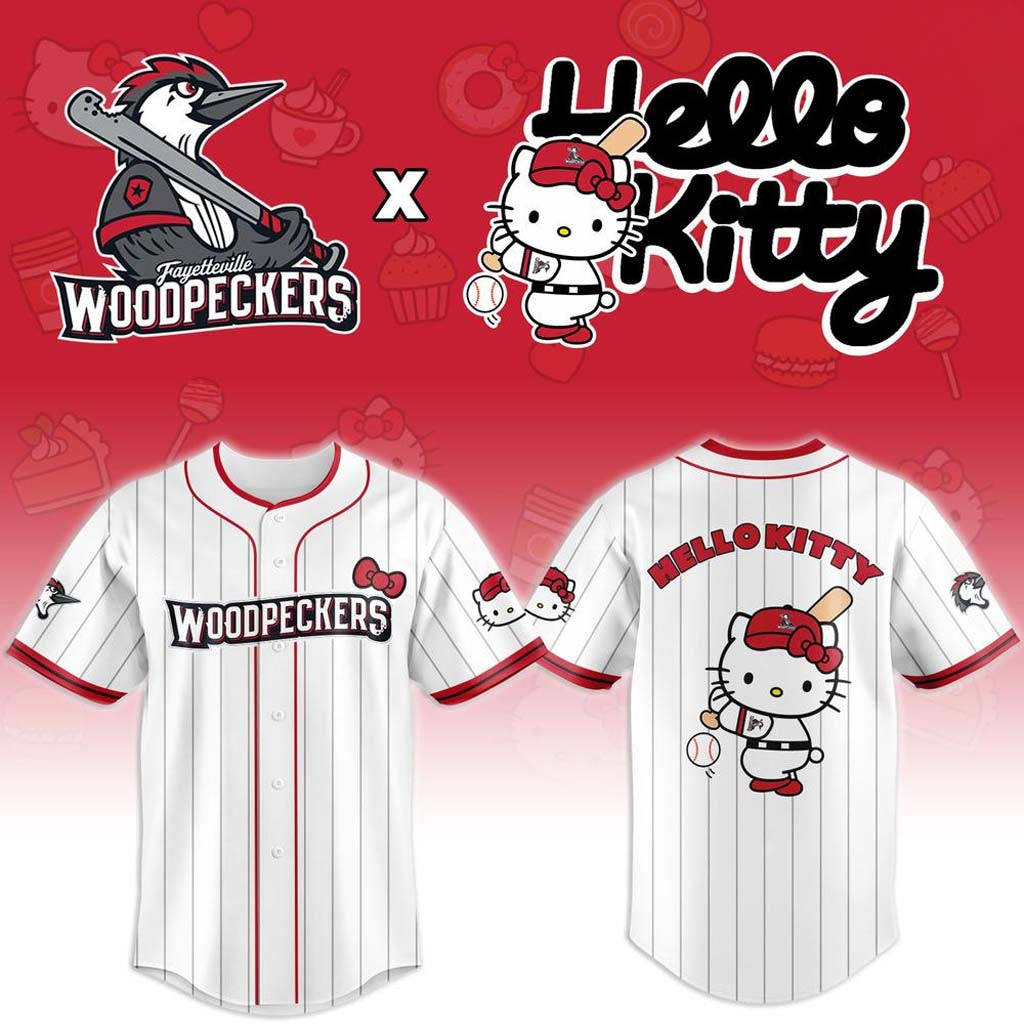 Fayetteville Woodpeckers X Hello Kitty 2026 Jersey Shirt Woodpeckers Merch Cute Baseball Gifts - Merchluma