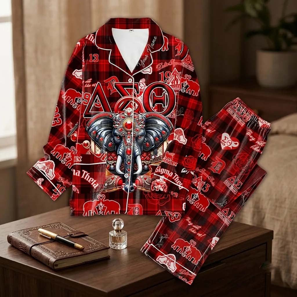 Delta Sigma Theta Red Plaid Elephant Pajama Set DST Merch Birthday Gift For Her - Merchluma