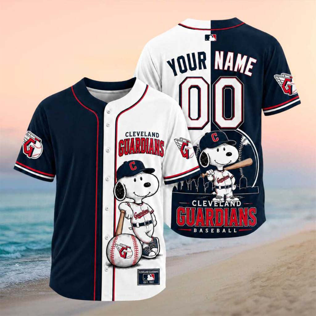 Personalized Cleveland Guardians Snoopy Dog Baseball Skyline Jersey Guardians Merch Fan Present - Merchluma