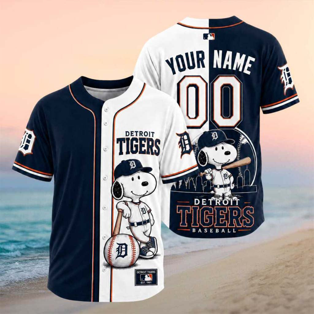 Personalized Detroit Tigers Snoopy Dog Baseball Skyline Jersey Detroit Tigers Merch Fan Gifts - Merchluma
