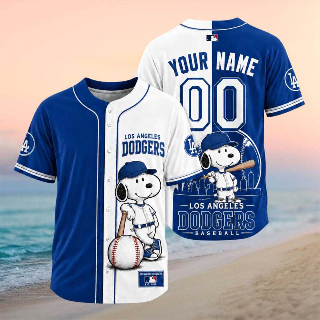 Personalized Los Angeles Dodgers Snoopy Split Color Baseball Jersey LA Dodgers Merch Fan Gifts - Merchluma