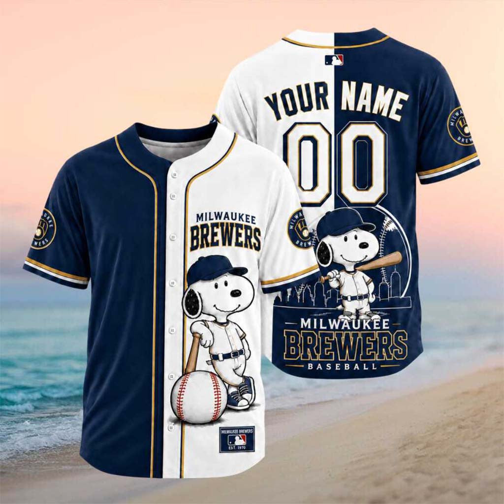 Personalized Milwaukee Brewers Snoopy Mascot City Skyline Baseball Jersey Brewers Merch 2026 - Merchluma