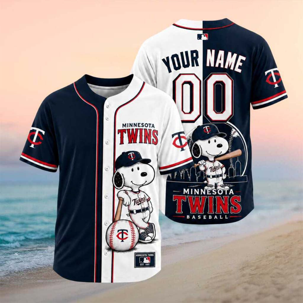 Personalized Minnesota Twins Snoopy Dog Baseball Skyline Jersey MN Twins Merch Gift For Fans - Merchluma