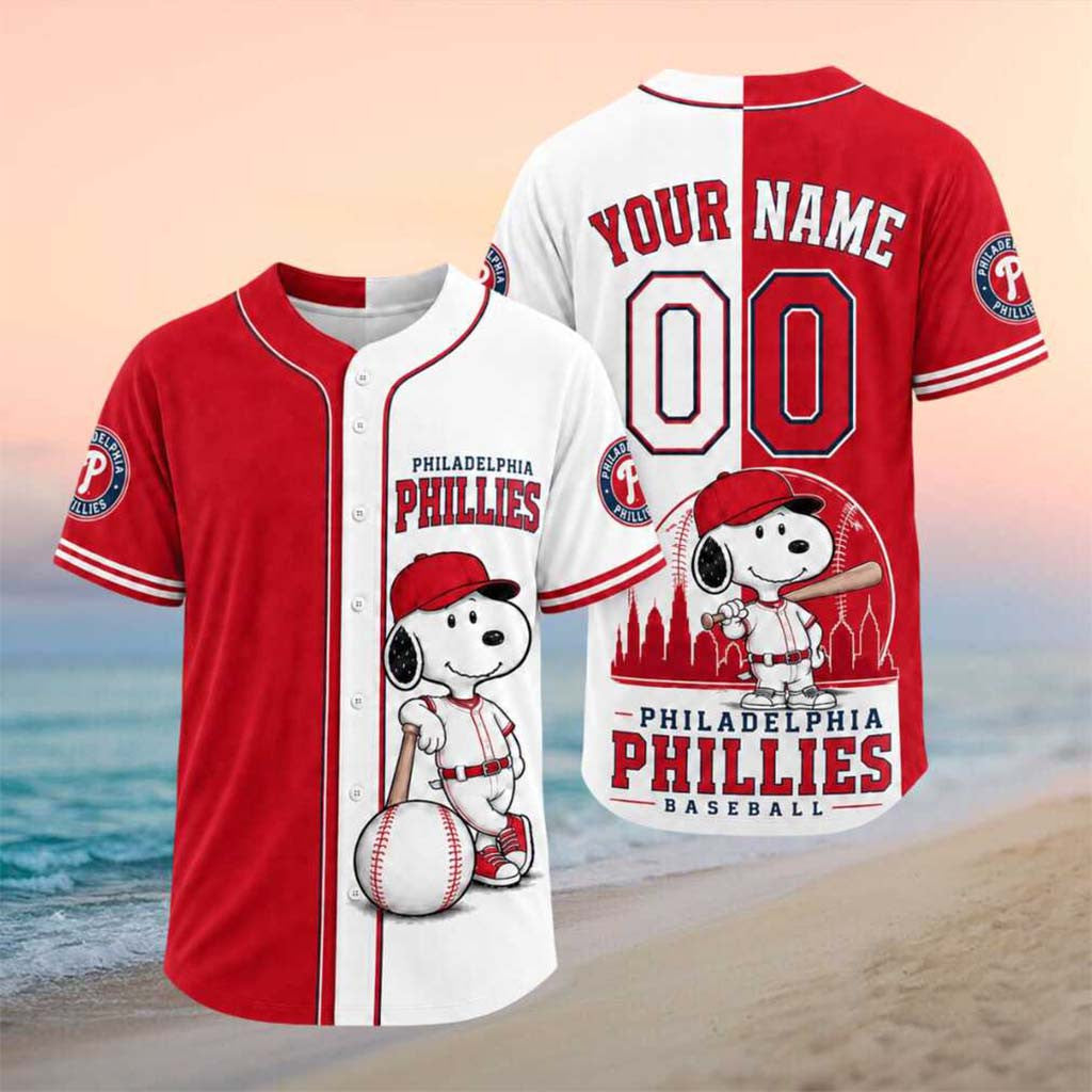 Personalized Philadelphia Phillies Snoopy Mascot City Skyline Baseball Jersey Phillies Merch - Merchluma