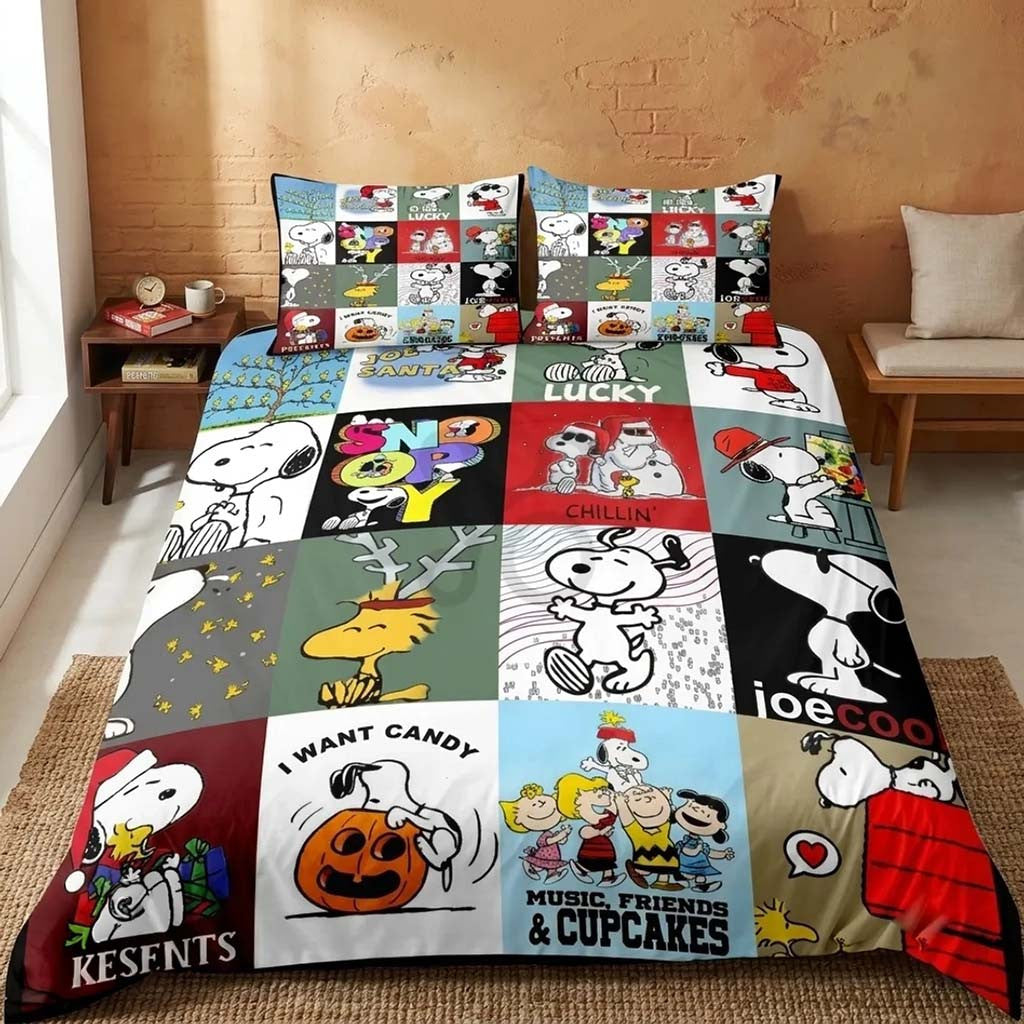 Snoopy Multi Character Pattern Bedding Set Bedroom Decor Ideas Gift For Brothers - Merchluma