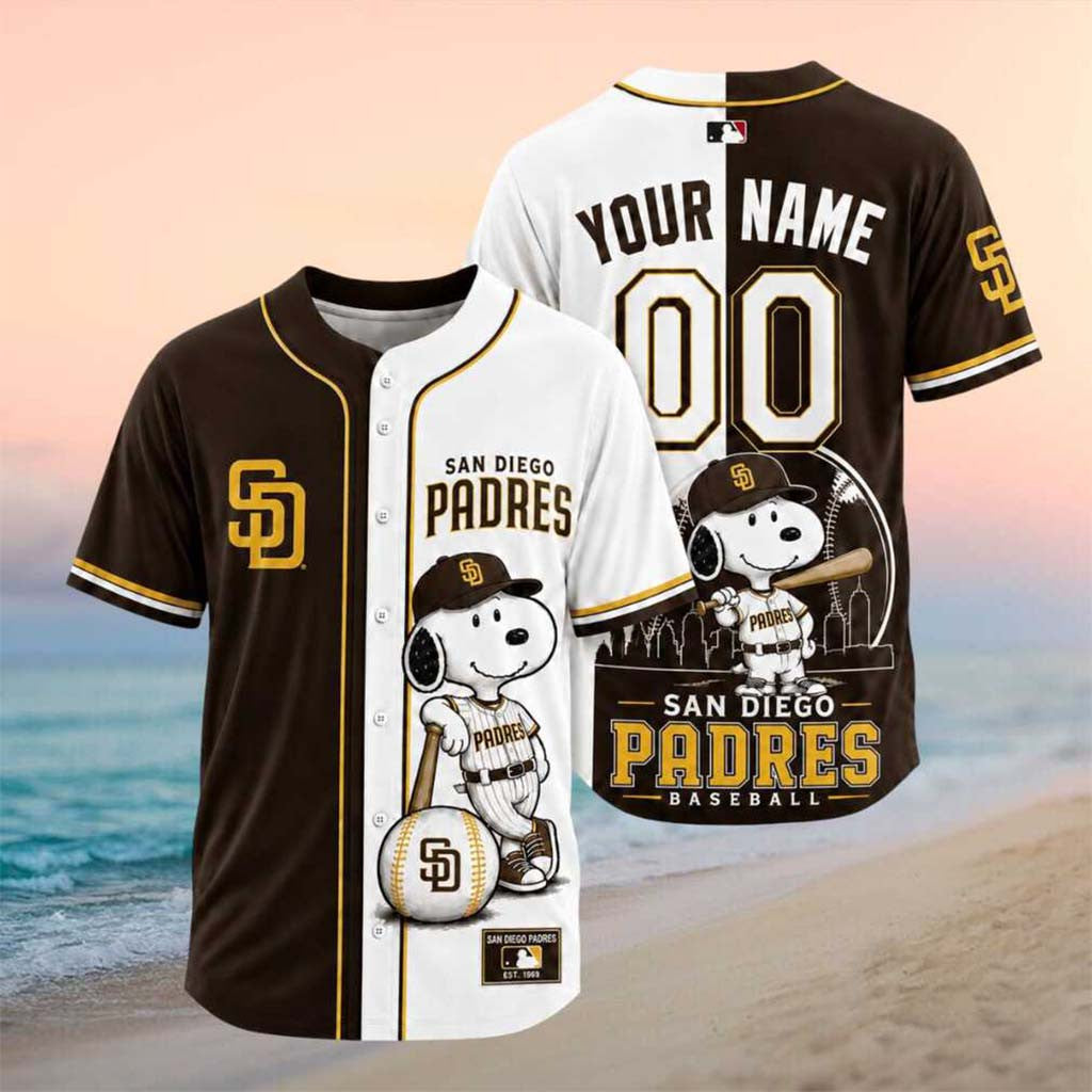 Personalized San Diego Padres Snoopy Split Color Baseball Jersey SD Padres Merch Game Day Gifts - Merchluma