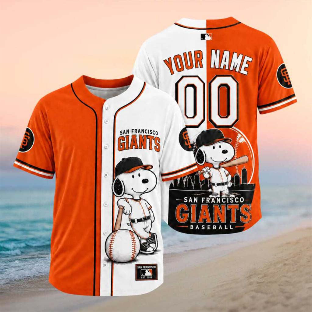 Personalized San Francisco Giants Snoopy Split Color Baseball Jersey SF Giants Merch Gifts - Merchluma