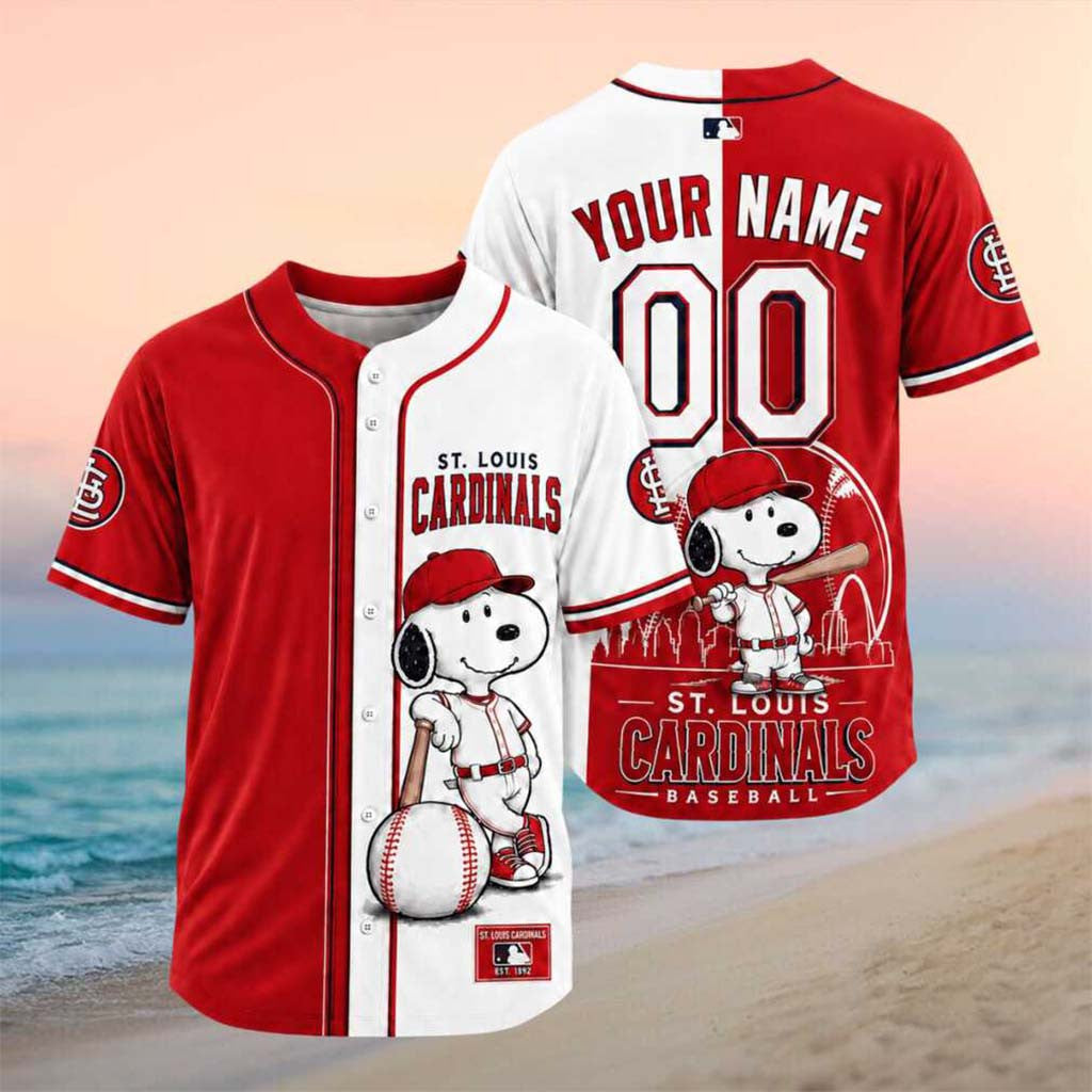Personalized St Louis Cardinals Snoopy Mascot City Skyline Baseball Jersey Cardinals Merch - Merchluma