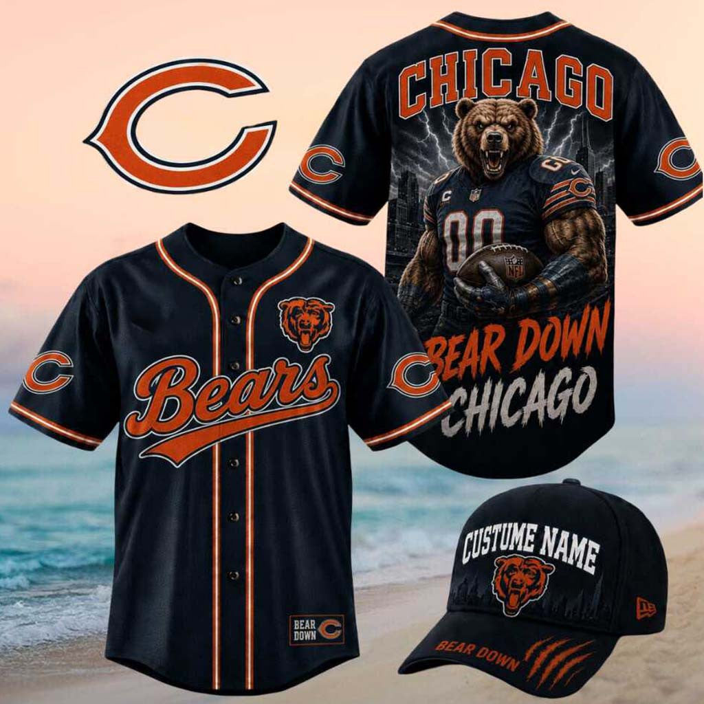 Chicago Bears Muscular Bear Mascot Bear Down Baseball Jersey Chicago Bears Merch Fan Gifts - Merchluma