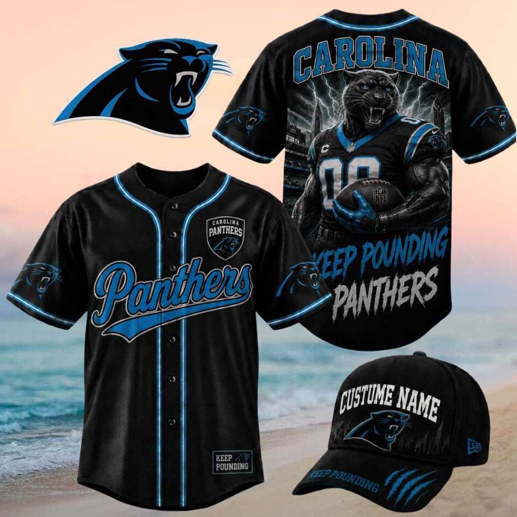 Carolina Panthers Muscular Panther Keep Pounding Baseball Jersey Panthers Merch Fan Gear - Merchluma
