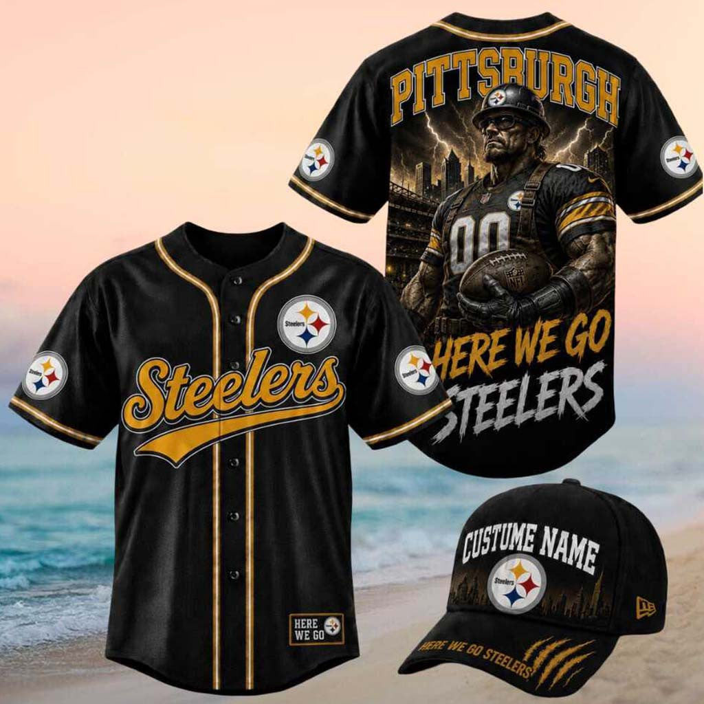 Pittsburgh Steelers Worker Mascot Here We Go Graphic Baseball Jersey Steelers Merch Him Gifts - Merchluma