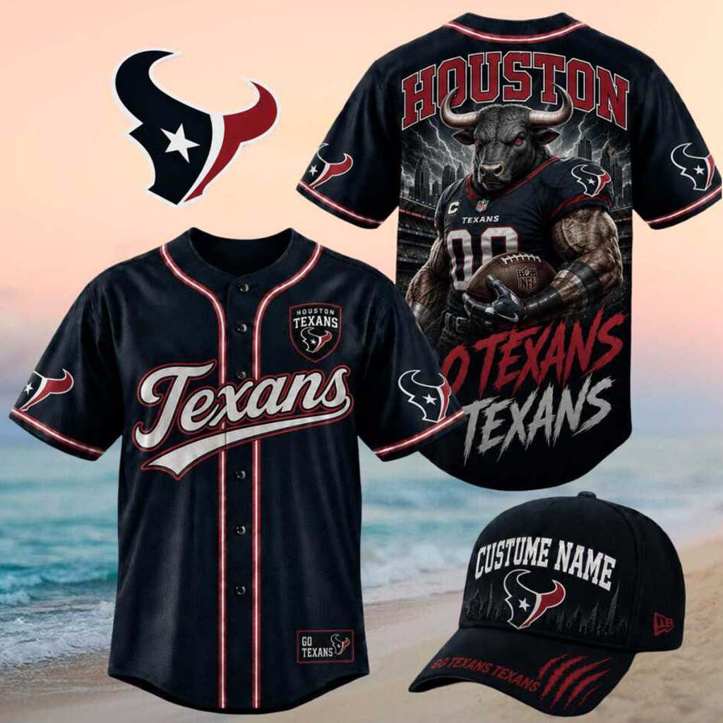 Houston Texans Muscular Bull Mascot Go Texans Baseball Jersey Houston Football Merch Fan Gifts - Merchluma