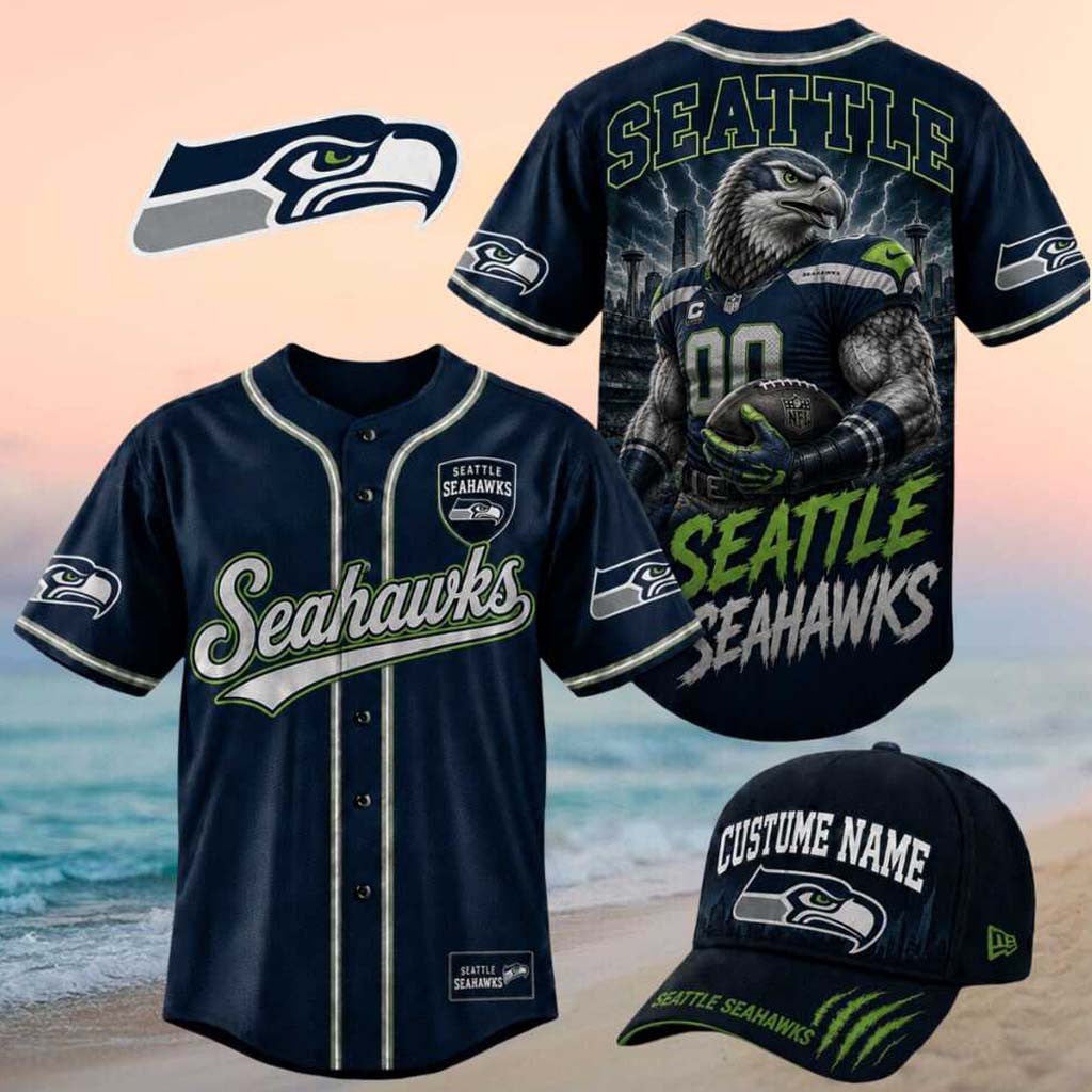Seattle Seahawks Muscular Hawk Mascot Lightning Baseball Jersey Seahawks Merch Son Gifts - Merchluma
