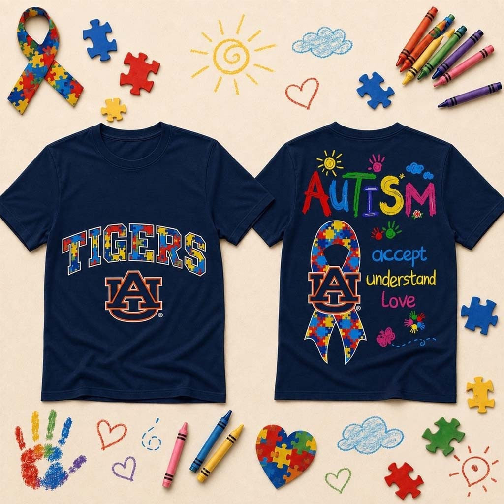Auburn Tigers Autism Awareness Puzzle Ribbon T-Shirt Accept Understand Love Tee Tigers Merch - Merchluma