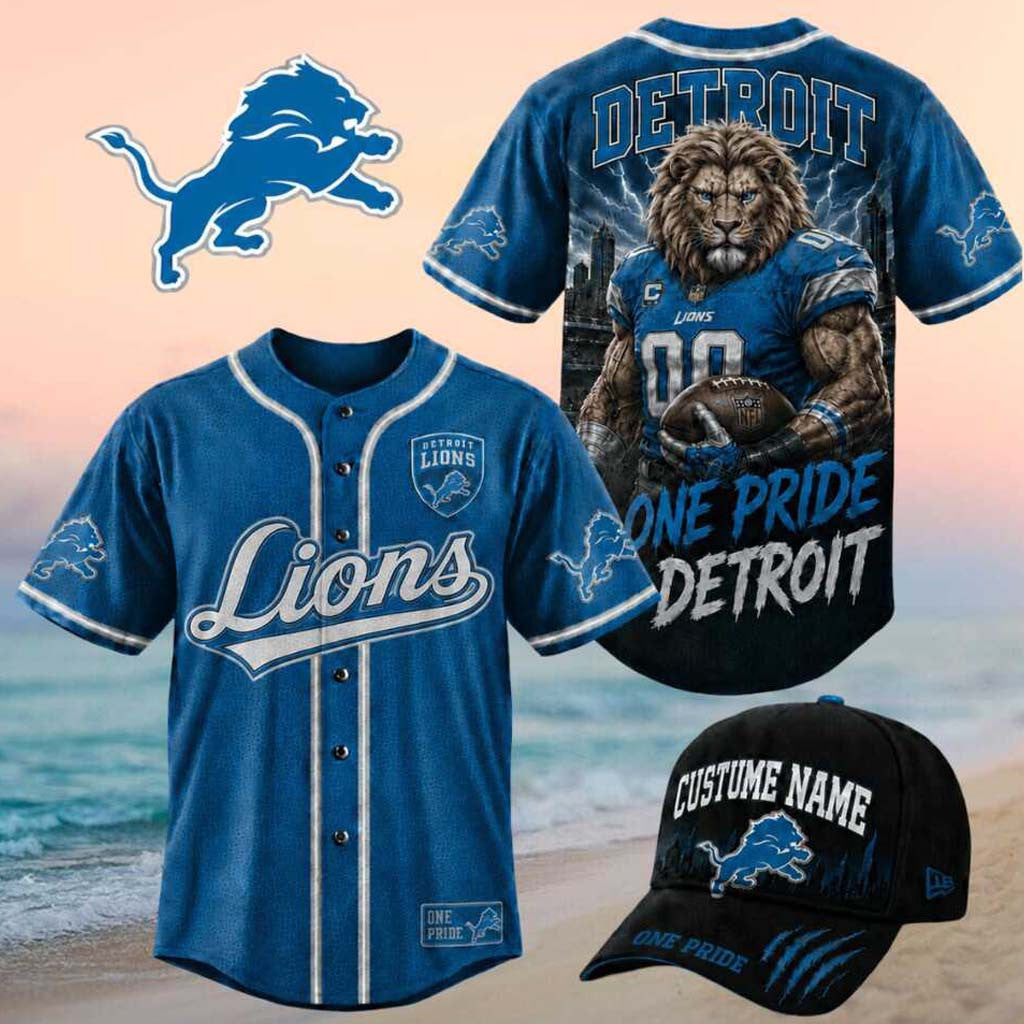 Detroit Lions Muscular Lion Mascot One Pride Baseball Jersey Detroit Lions Merch Gifts For Fans - Merchluma