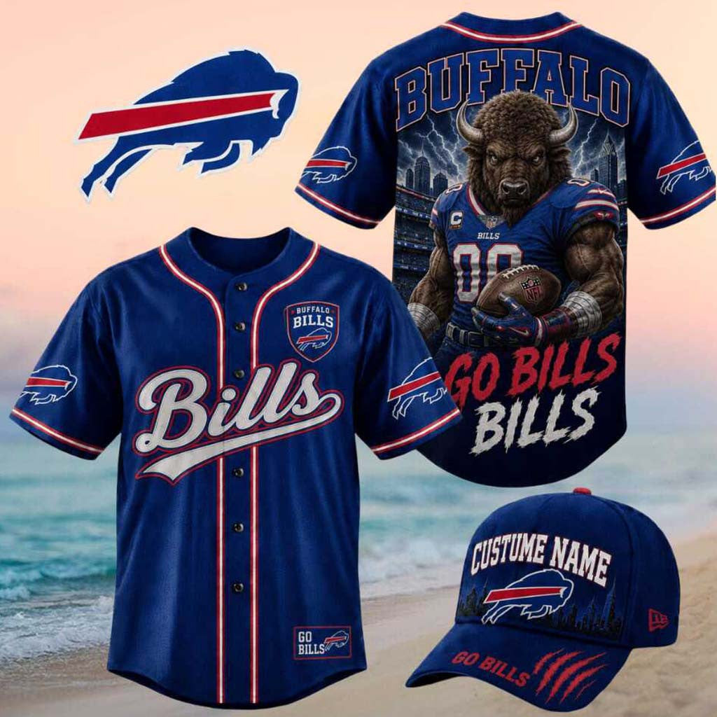 Buffalo Bills Muscular Buffalo Mascot Go Bills Baseball Jersey Buffalo Bills Merch Fan Gear - Merchluma